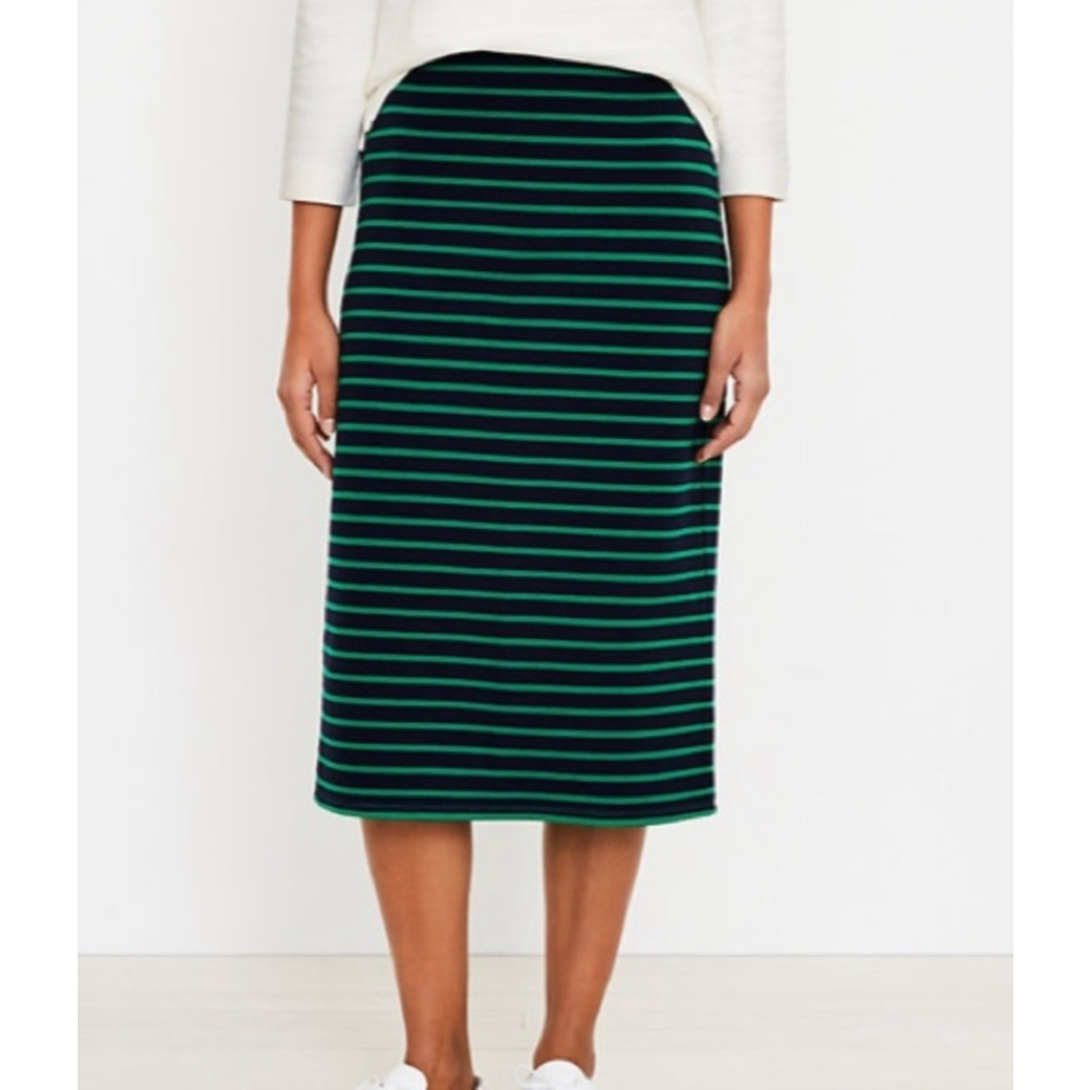 LOFT Navy Green Striped Knit Pencil Midi Skirt Size M